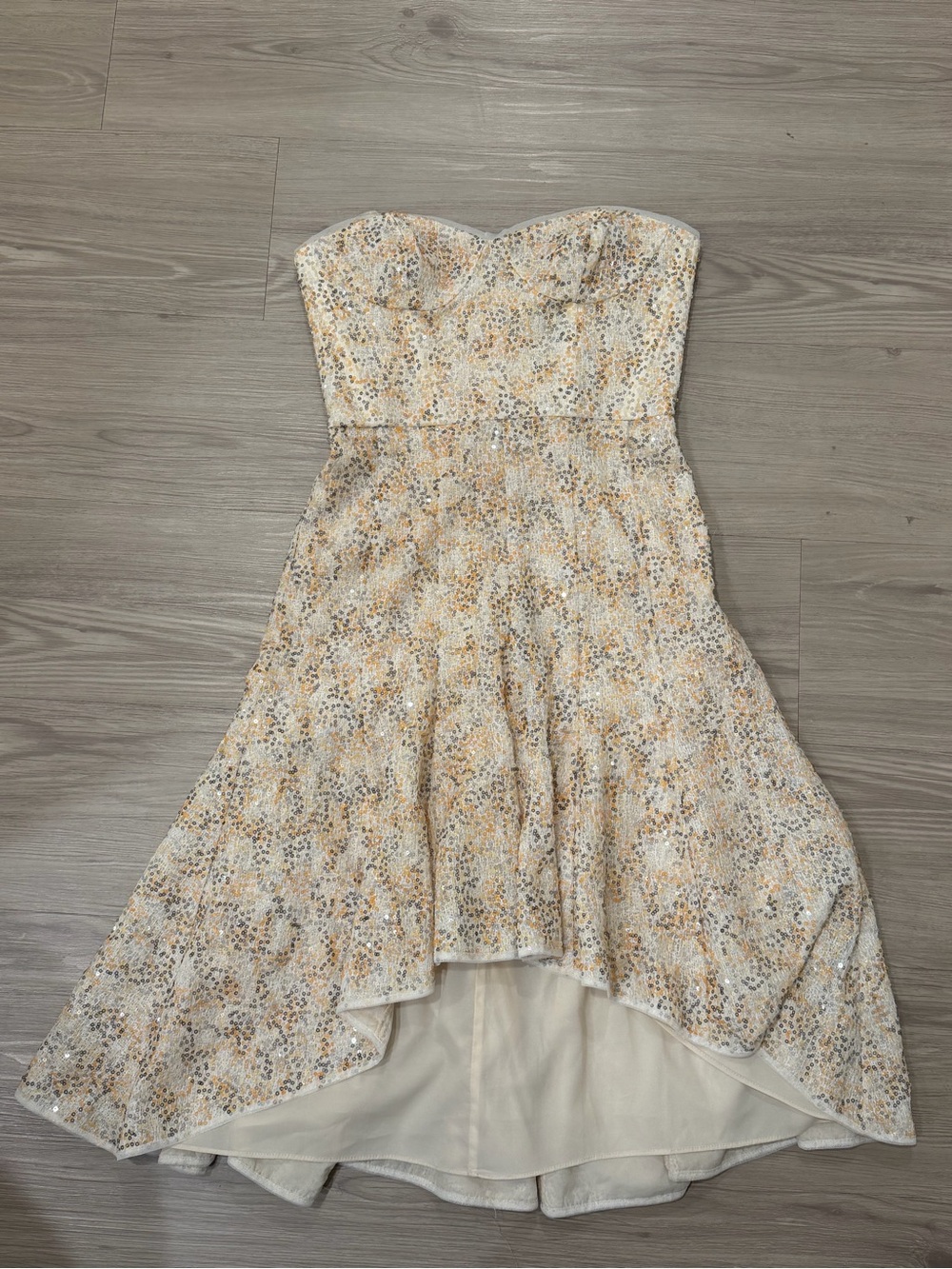 BCBGMaxAzria Strapless Ivory Dress with Gold and Tan Sequin Detail size 2
